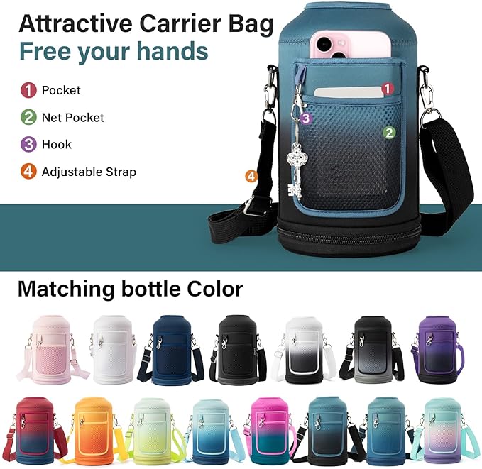 Insulated Water Bottle | Thickened Stainless Steel Vacuum Metal | Portable Sports Half Gallon Large Water Jug for Gym and Hiking with Straw, Carrier Bag, Handle Strap | BPA-Free 64 oz-FlexoryFit