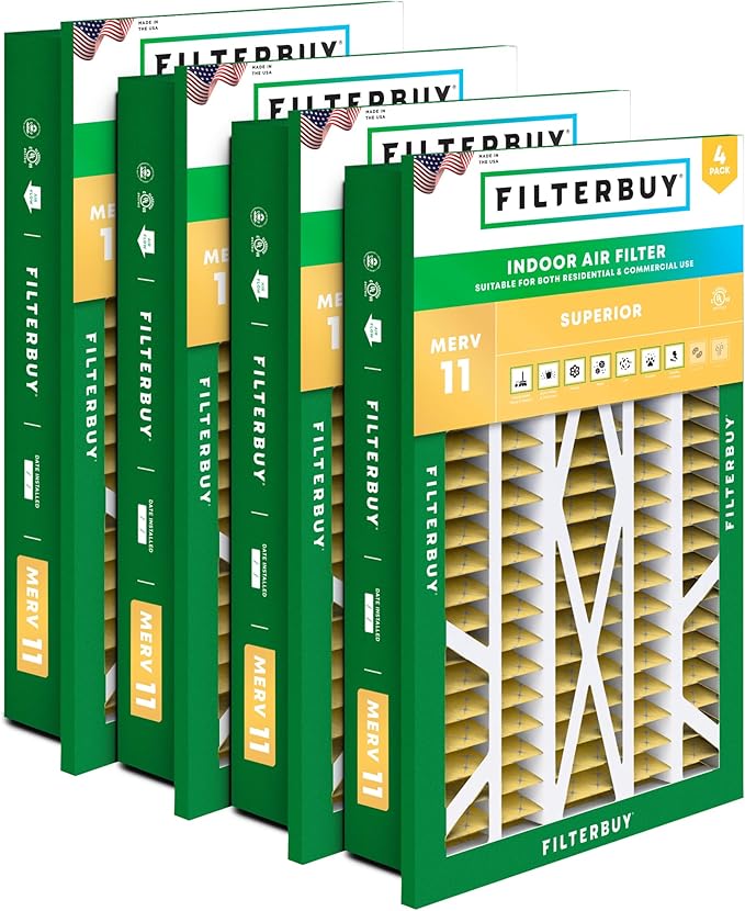 Filterbuy 16x25x5 Air Filter MERV 11 (MPR 1200) Allergen Defense Replacement (4-Pack), Pleated HVAC AC Furnace Filters for Honeywell Return Grille (Actual Size: 14.38 x 23.38 x 3.69)