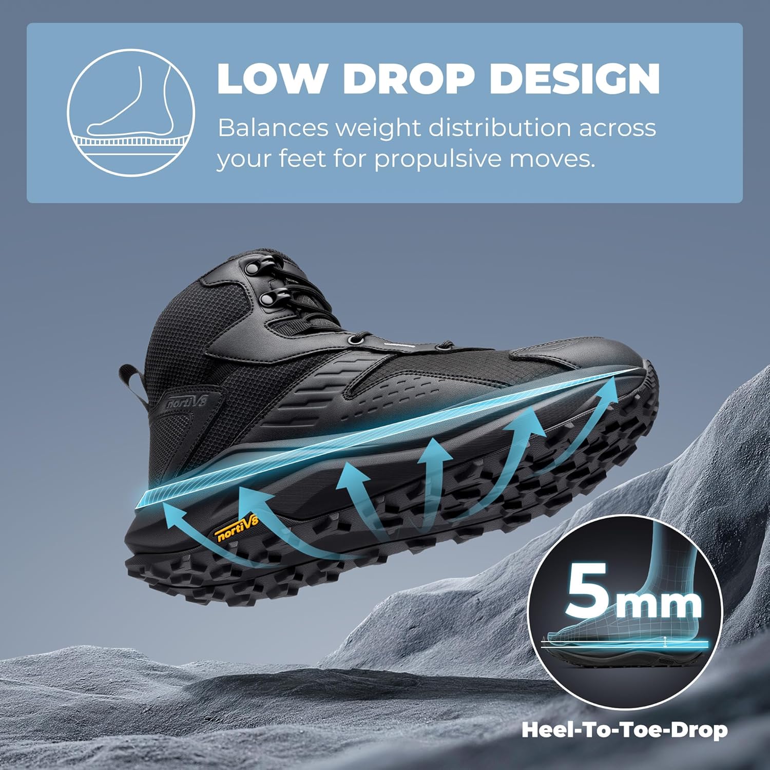 NORTIV 8 Men's Wide Toe Box Hiking Boots Low Drop Waterproof Outdoor Trekking Camping Shoes for Plantar Fasciitis Bunion Katahdin