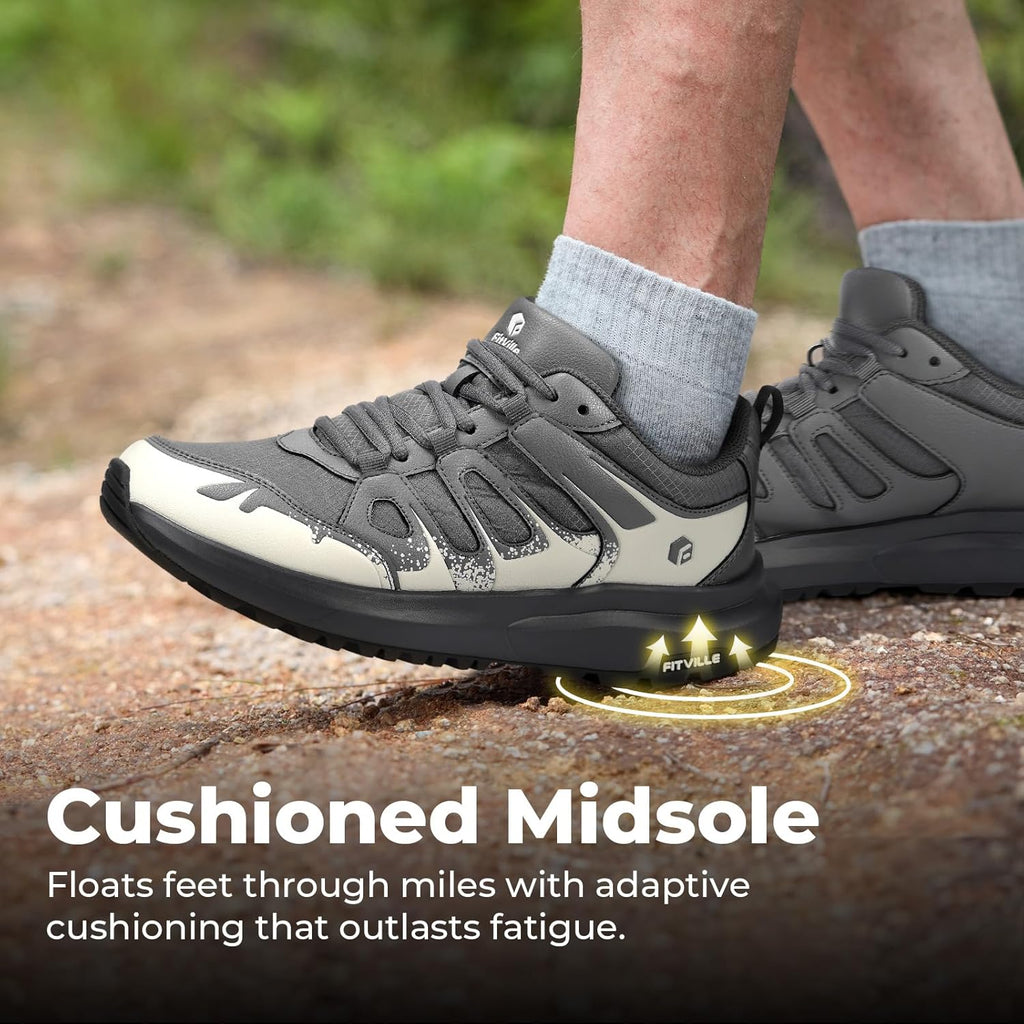 FitVille Men's Wide Hiking Shoes Water Repellent Trekking Trails Outdoor Sneakers Cushioned Lightweight Walking Running Shoes with Arch Support