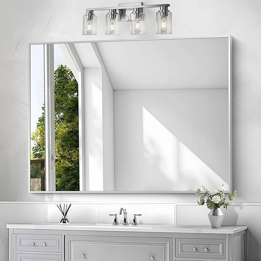Silver Bathroom Mirror,36x48 inch Wall Mirror for Bathroom Wall Mounted,Large Rectangle Mirror for Bathroom Over Sink,Modern Metal Frame for Living Room,Bedroom Entryway,Horizontal/Vertical