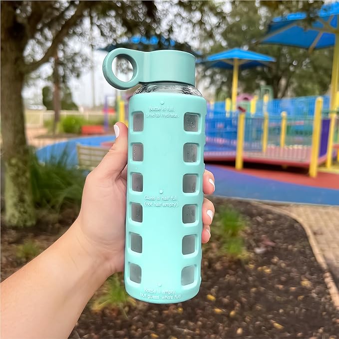 purifyou 40oz / 32oz / 22oz / 12oz Borosilicate Glass Water Bottle with Time & Volume Markers, Silicone Sleeve, Stainless Steel Lid | Reusable Glass Bottle for Water & Juice (12oz Glow-in-the-Dark)