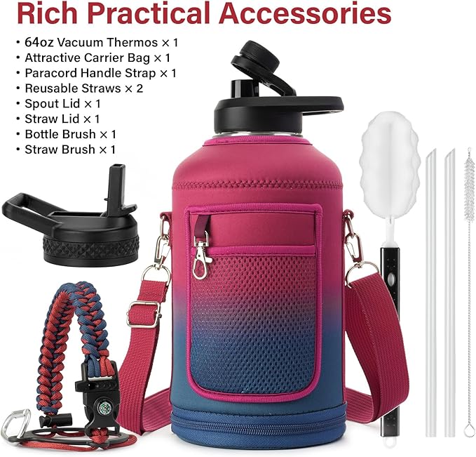 Insulated Water Bottle | Thickened Stainless Steel Vacuum Metal | Portable Sports Half Gallon Large Water Jug for Gym and Hiking with Straw, Carrier Bag, Handle Strap | BPA-Free 64 oz-FlexoryFit