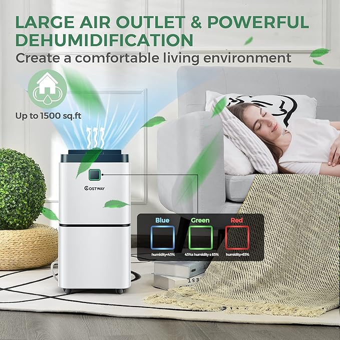 COSTWAY Dehumidifier for Large Room & Basements, 1500 Sq. Ft Portable 30 Pints Dehumidifier with 3 Color LED Light, 3 Modes, 2 Speeds, 12H Timer, Auto or Manual Drainage