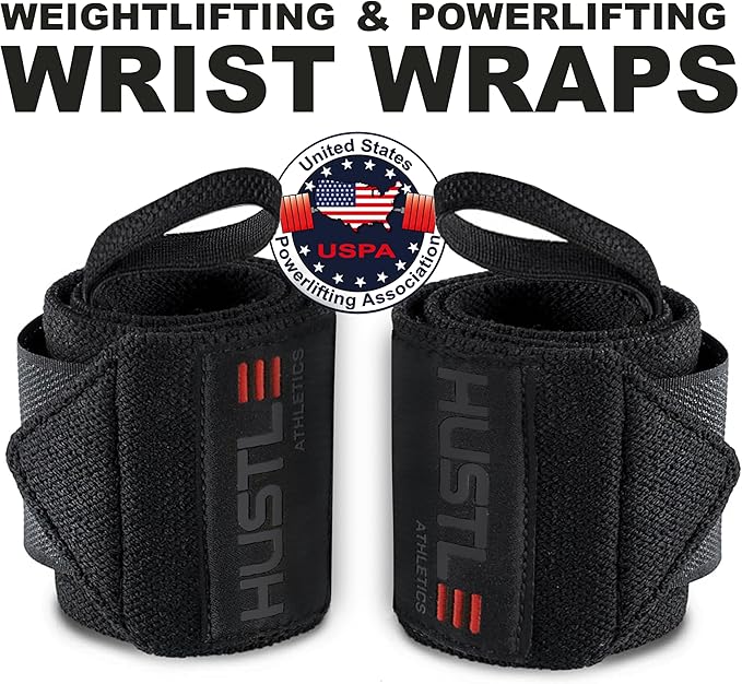 Hustle Athletics Wrist Wraps for Weightlifting – Max Wrist Support for Safe & Heavy Lifts, USPA Approved 18" & 12" Lengths, Thumb Loop Gym Straps for Powerlifting & Weight Lifting for Men and Women-FlexoryFit
