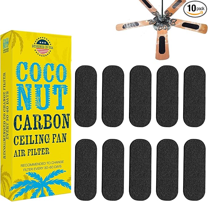 Ceiling Fan Filter, Ceiling Fan Filters for Blades, Unscented Activated Coconut Shell Carbon Filter-Ceiling Fan Blades Shape Design, Universal Ceiling Fan Blade(10 Pack)