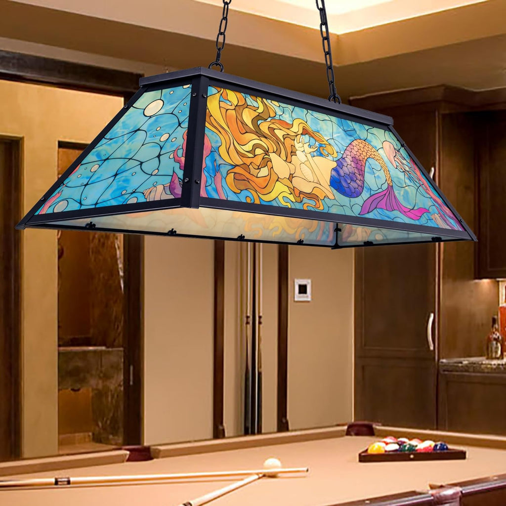 Wellmet Tiffany Pool Table lamp Hanging, Billiards Lamp for Game Room, 4-Lights Modern Chandeliers for Kitchen Island, Snooker Table, Party Men's Cave, Coastal Sea Ocean Style