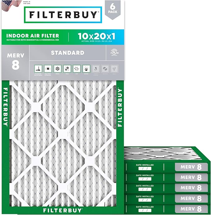 Filterbuy 10x20x1 Air Filter MERV 8 (MPR 700) Dust Defense Replacement (6-Pack), Electrostatic Pleated HVAC AC Furnace Filters, Made in USA (Actual Size: 9.50 x 19.50 x 0.75)