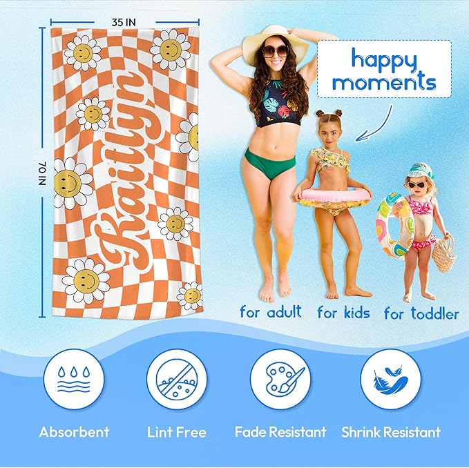 JML Personalized Beach Towel with Name, Custom Flower Beach Towel, Customized Microfiber Pool Towel, Quick Dry & Absorbent Swim Towel for Adult,Anniversary, Birthday, Summer Holiday,Vacation-FlexoryFit