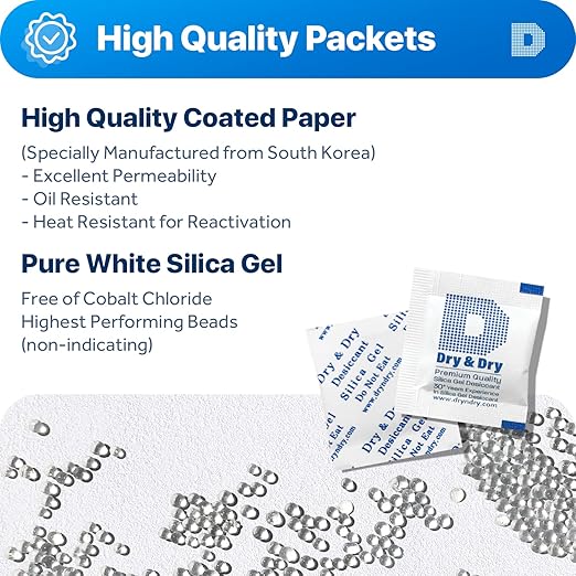 Dry & Dry 1 Gram [80 Packets] Food Grade Silica Gel Packs Desiccant Packs, Silica Packets - Rechargeable Silica Gel Packets, Desiccants, Silica Gel