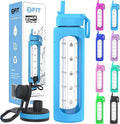 FIT Strong & Healthy 32 oz Glass Water Bottle with Straw Lid, Time Marker, Sleeve & Extra Lid - Motivational, Wide Mouth 1 Liter Glass Drinking Bottle