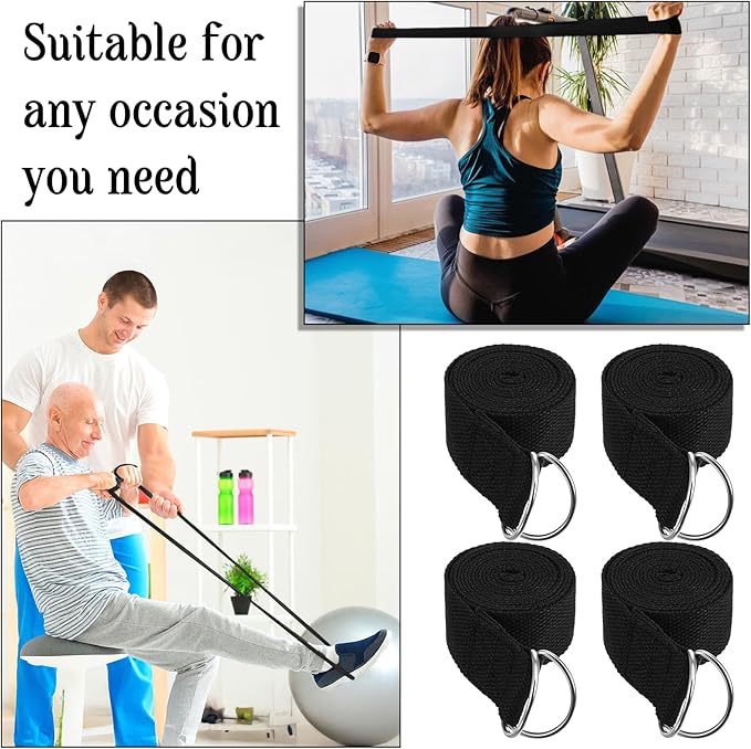 12 Pack Yoga Straps for Stretching, 6 Ft Black Exercise Bands with Adjustable D Ring Buckles for Pilates, Gym Fitness, Flexibility Training, Men Women-FlexoryFit