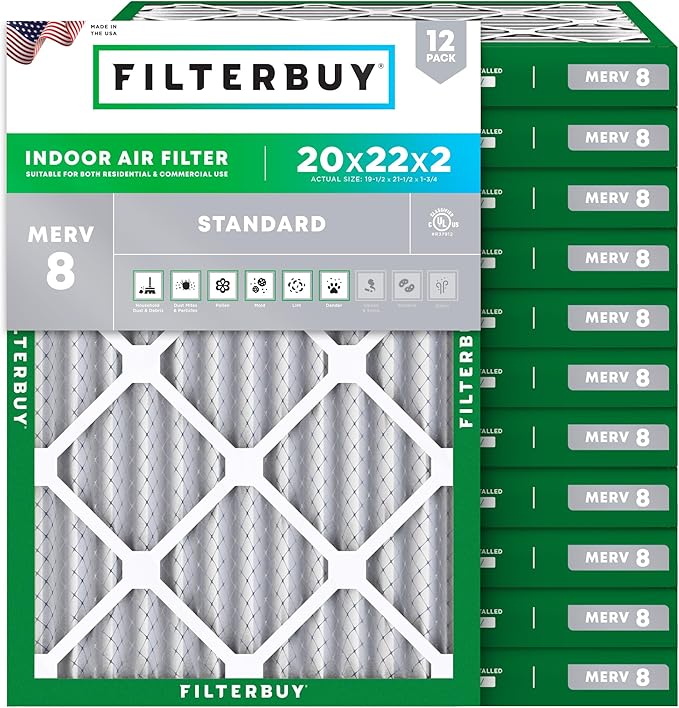 Filterbuy 20x22x2 Air Filter MERV 8 (MPR 700) Dust Defense Replacement (12-Pack), Electrostatic Pleated HVAC AC Furnace Filters, Made in USA (Actual Size: 19.50 x 21.50 x 1.75)
