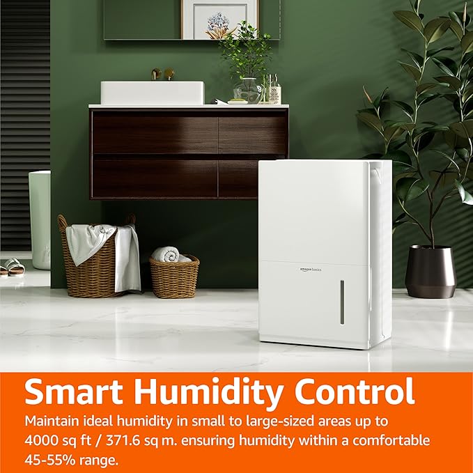 Amazon Basics Large Dehumidifier for Rooms, Energy Star Certified, Effectively Reduces Humidity, With Continuous Drain Pump, Timer, Auto-Defrost, Overflow Protection, up to 4000 SFT, 50 Pint, White