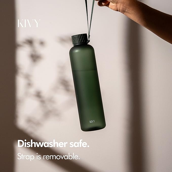 KIVY Slim Water Bottle 32oz [Lightweight & Shatterproof] Fits Backpack & Cupholder for Travel, Sports, School, Gym - Dark green water bottle no straw - Gym water bottle screw top - Dishwasher Safe-FlexoryFit
