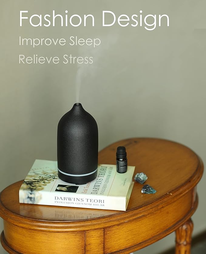 Essential Oil Diffuser,Handcrafted Ceramic Diffuser for Home,Ultrasonic Cool Mist Air Diffuser, 9 Colors Night Light with Timer (Black)