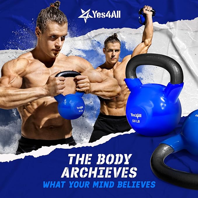 Yes4All 5-100 LB Kettlebells Vinyl Coated Cast Iron for Dumbbell Weights Exercises, Gym, Fitness, Full Body Workout Equipment Push up, Grip and Strength Training-FlexoryFit