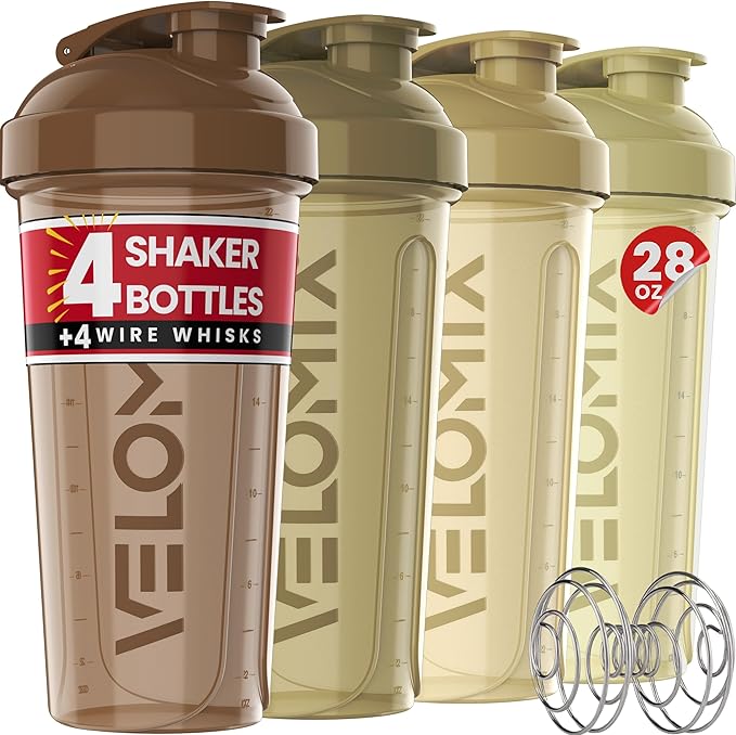 '-4 PACK- 28 oz Protein Shaker Bottle for Protein Mixes - 4x Wire Whisk | Leak Proof Shaker Cups for Protein Shakes | Protein Shaker Bottle Pack | Protein Shake Cup (Brown)-FlexoryFit