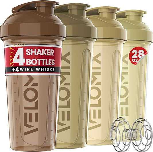 '-4 PACK- 28 oz Protein Shaker Bottle for Protein Mixes - 4x Wire Whisk | Leak Proof Shaker Cups for Protein Shakes | Protein Shaker Bottle Pack | Protein Shake Cup (Brown)-FlexoryFit