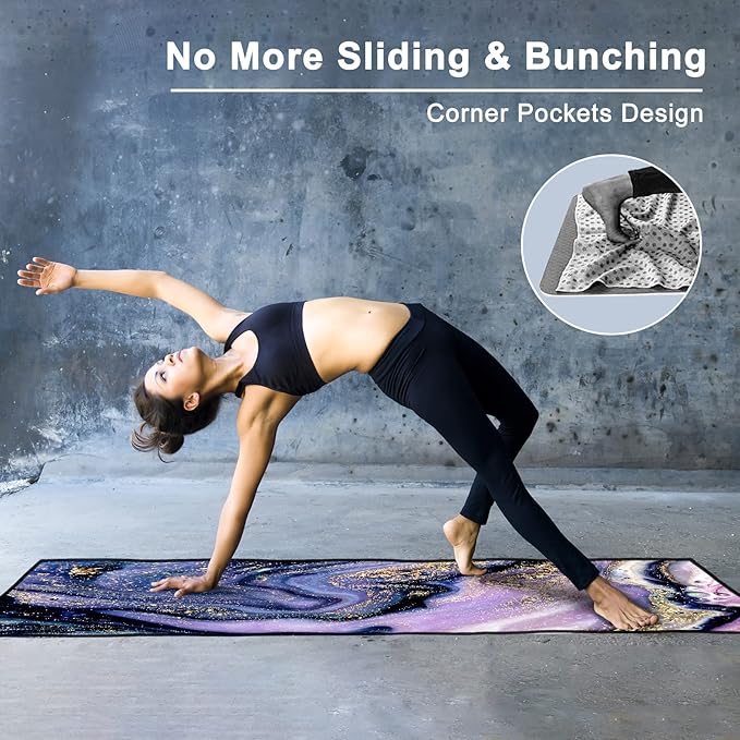 QiyI Yoga Mat Towel with Corner Pockets, Non Slip Sweat Absorbent Hot Yoga Towels, Soft Yoga Blankets with Travel Bag, Skidless Mat Cover for Workout, Gym, Fitness - 74"x26", Purple Gold Marble-FlexoryFit