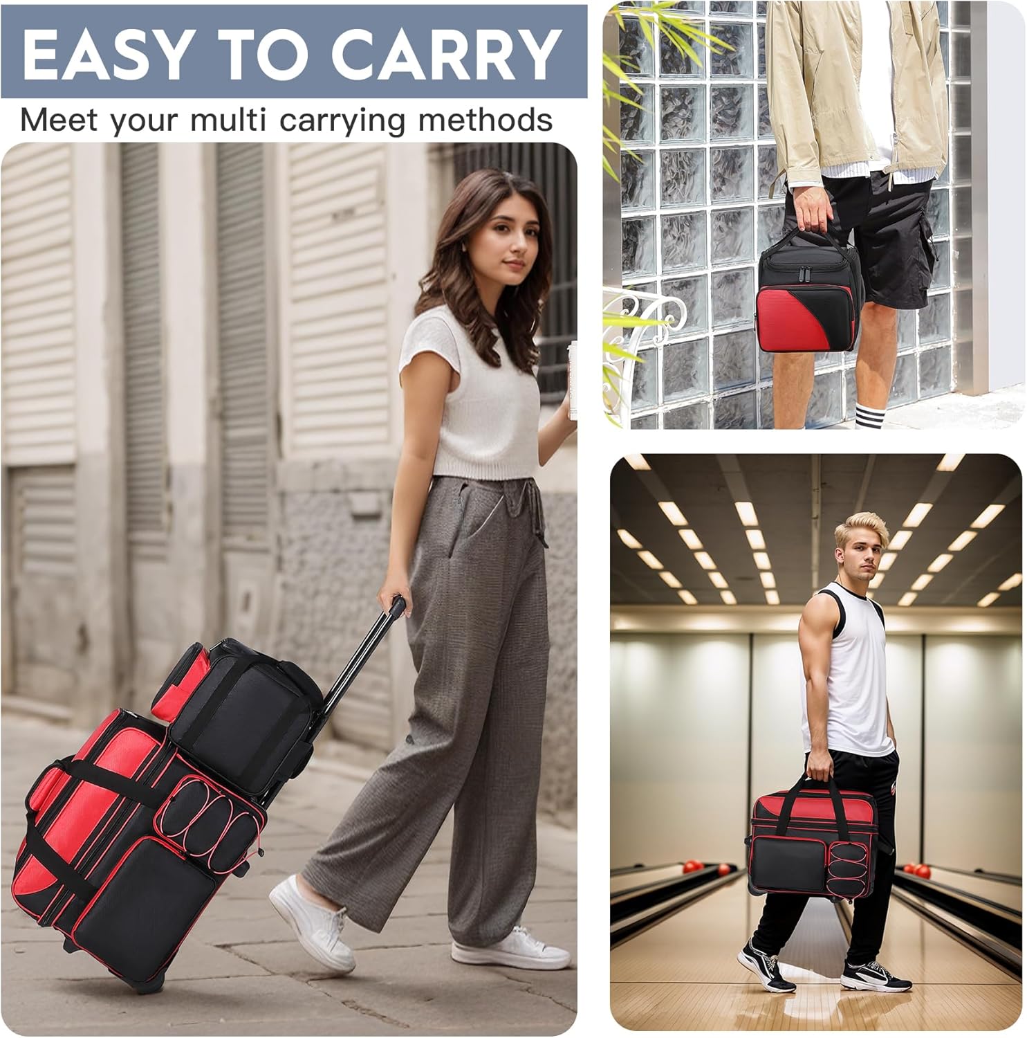 3 Ball Bowling Bag with Wheels, Bowling Bag 3 Ball Roller with Separate Shoe Compartment and Accessory Pocket, 2 Ball Roller Bag Plus Single Ball Tote