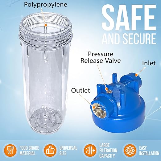 10 Inches European Design Transparent Standard Whole House Water Filter System with Presser Relief Valve, 3/4” Inlet/Outlet Brass Port and Yearly Supply (4) Wound Spring Sediment Cartridges 5 Micron