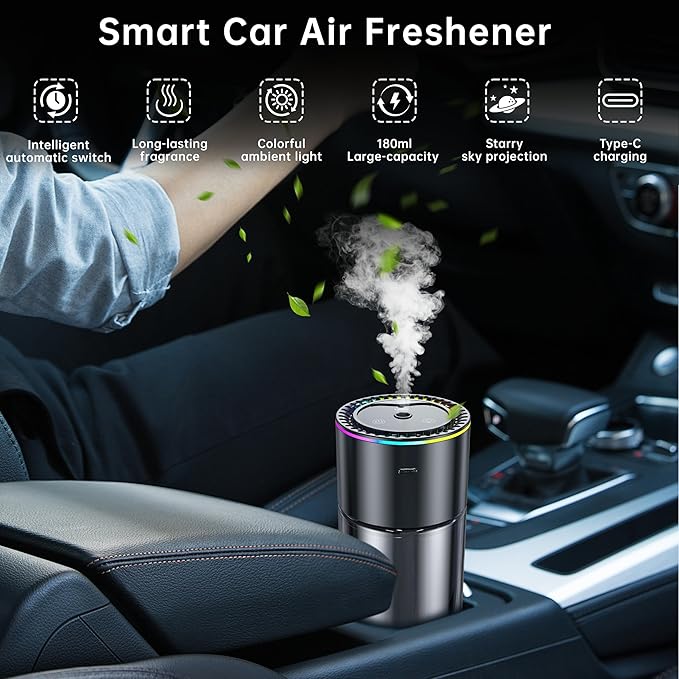 Smart Car Air Freshener,180ml (6.09 Oz) Car Air Freshener Diffuser for 270days,Auto On/Off,Starry Sky Projection,7 Color RGB Light,3 Adjustable Modes for Travel Office Home (Cologne)