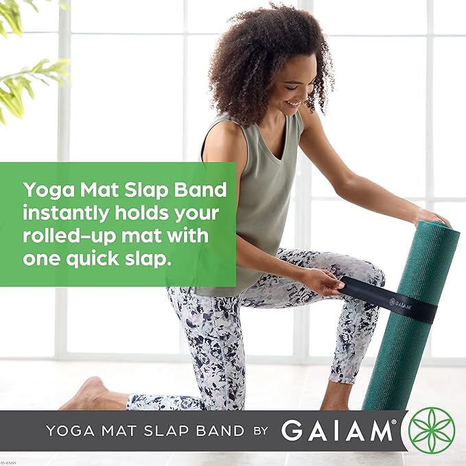 Gaiam Yoga Mat Strap Slap Band - Keeps Your Mat Tightly Rolled and Secure with One Snap - Strong Clasp for Yoga Mat Storage and Travel - Fits Most Size Mats (20"L x 1.5"W), Black-FlexoryFit