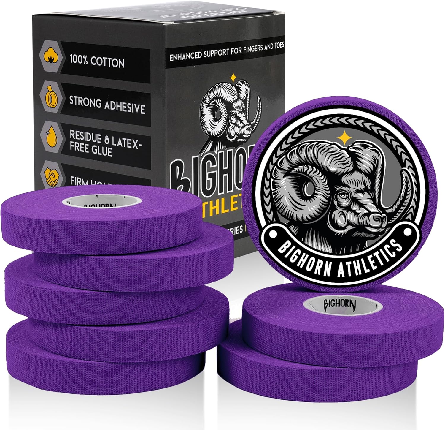Bighorn Athletics Jiu Jitsu Finger Tape, Rock Climbing Tape | Multipurpose for Sports & Injuries: MMA, Volleyball, Football, Basketball, Tennis, Golf, Hands & Toes, 0.5-Inch x 45-feet, 8-Rolls, Purple