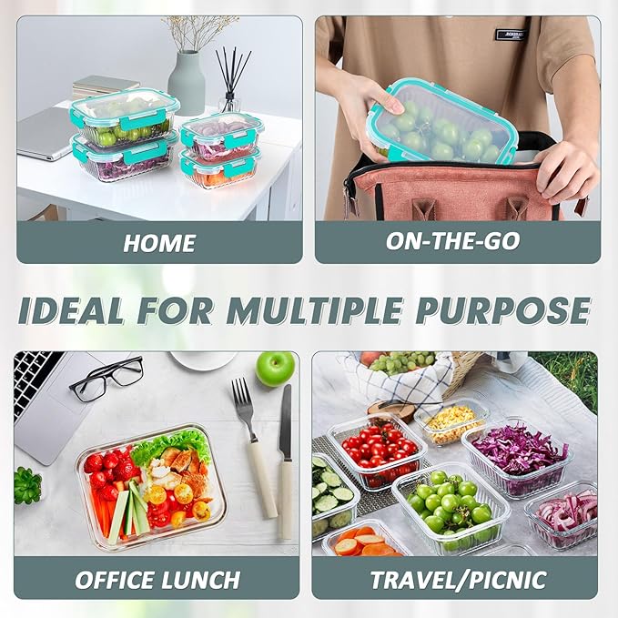 10 Packs Glass Meal Prep Containers with Lids, Glass Food Storage Containers Set, Airtight Lunch Containers, Microwave, Oven, Freezer and Dishwasher Safe, Green-FlexoryFit