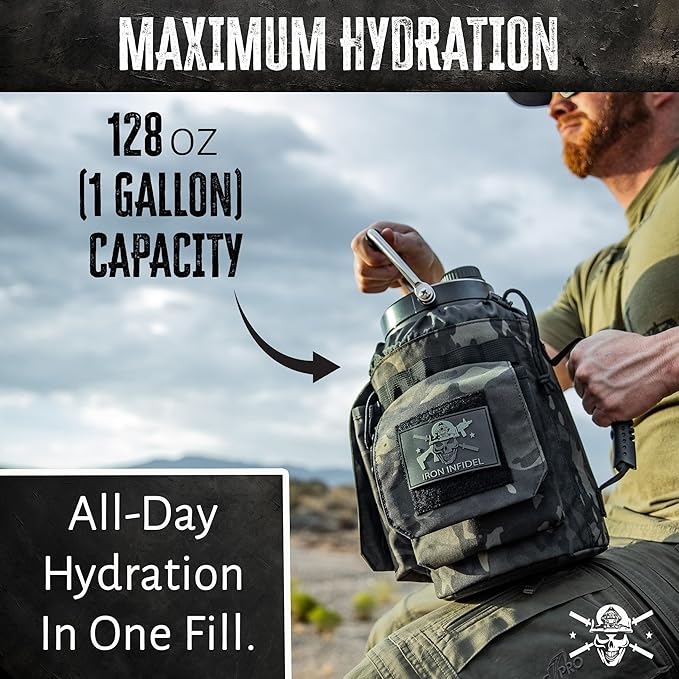 Iron Infidel Battle Bottle - One Gallon Insulated Water Bottle with Dual Carry Handles - 128 oz Tactical Stainless Steel Water Jug & Rugged Extra Large Sleeve With Storage (Black Camo 128 Ounces)-FlexoryFit