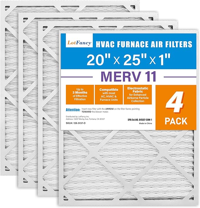 LotFancy 20x25x1 Air Filter MERV 11 Pet Smoke Allergens Defense (4-Pack) Pleated HVAC Furnace Air Filters, Replacement for Home AC & Heating Systems, Actual Size: 19.75" x 24.75" x 0.75"
