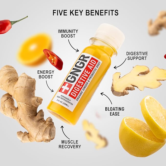 '+GNGR Digestive Aid Organic Ginger Shots with Probiotics, Gut Health, Colon Cleanse, Bloating Relief, Gut Detox, Immunity Shots with Ginger Juice, Turmeric, Black Pepper. (2 Oz, Pack of 12)-FlexoryFit