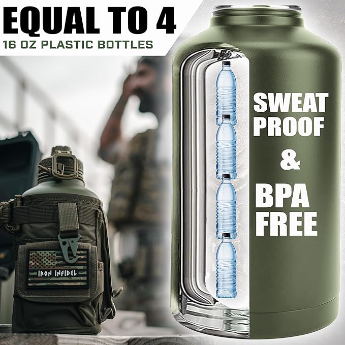 Iron Infidel Battle Bottle - Half Gallon Insulated Water Bottle with Paracord Handle, Large 64 oz Stainless Steel Water Jug with Rugged, Removable Sleeve for Keys, Wallet, & Phone (Live Free 2 Liter)-FlexoryFit
