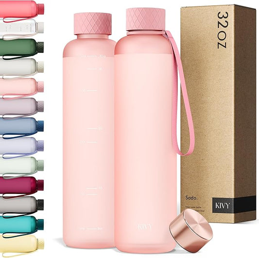 KIVY Slim Water Bottle 32oz [Lightweight & Shatterproof] Fits Backpack & Cupholder for Travel, Sports, School, Gym - Rose gold, Pink bottle no straw - Gym water bottle for women - Dishwasher Safe-FlexoryFit