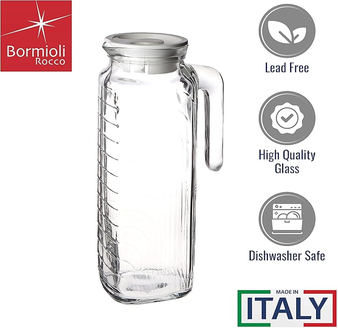Bormioli Rocco Gelo Set of 2 Glass pitchers, 33.75 Jug with White Lid, Carafe for Homemade Juice, Iced Tea, Cold Brew, Dishwasher Safe Made in Italy