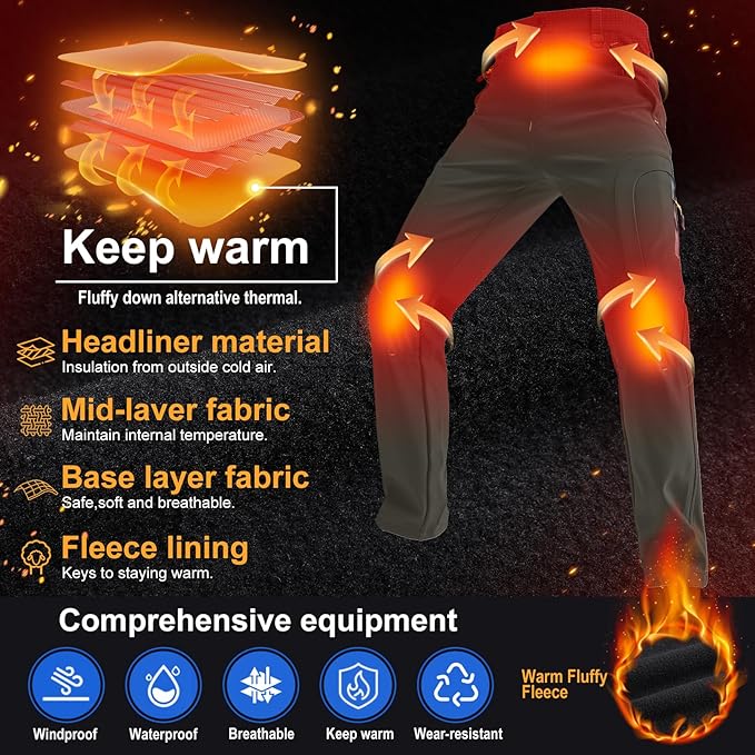 Toomett Men's hiking Snow Pants Skiing Winter Insulated Fleece lined Outdoor Water Repellent camping,walking,fishing-FlexoryFit
