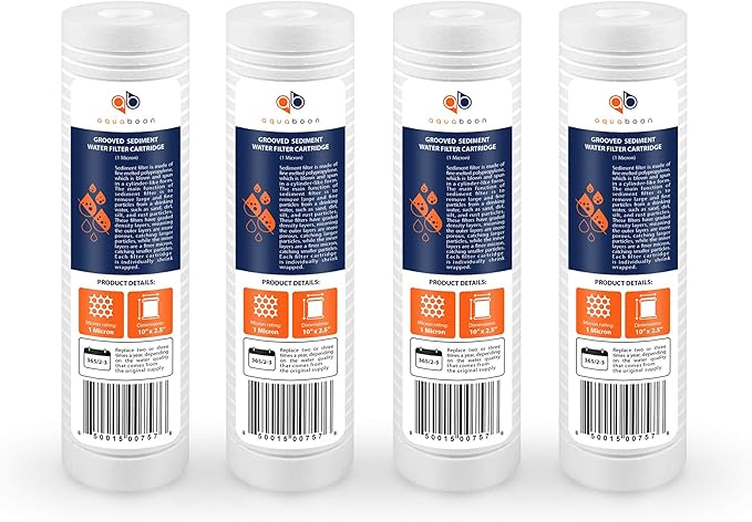Aquaboon Whole House 1 Micron 10 x 2.5 PP Grooved Sediment Water Filter Cartridge Replacement Compatible with AP110, WHKF-GD05, CFS110, P5, 4-Pack