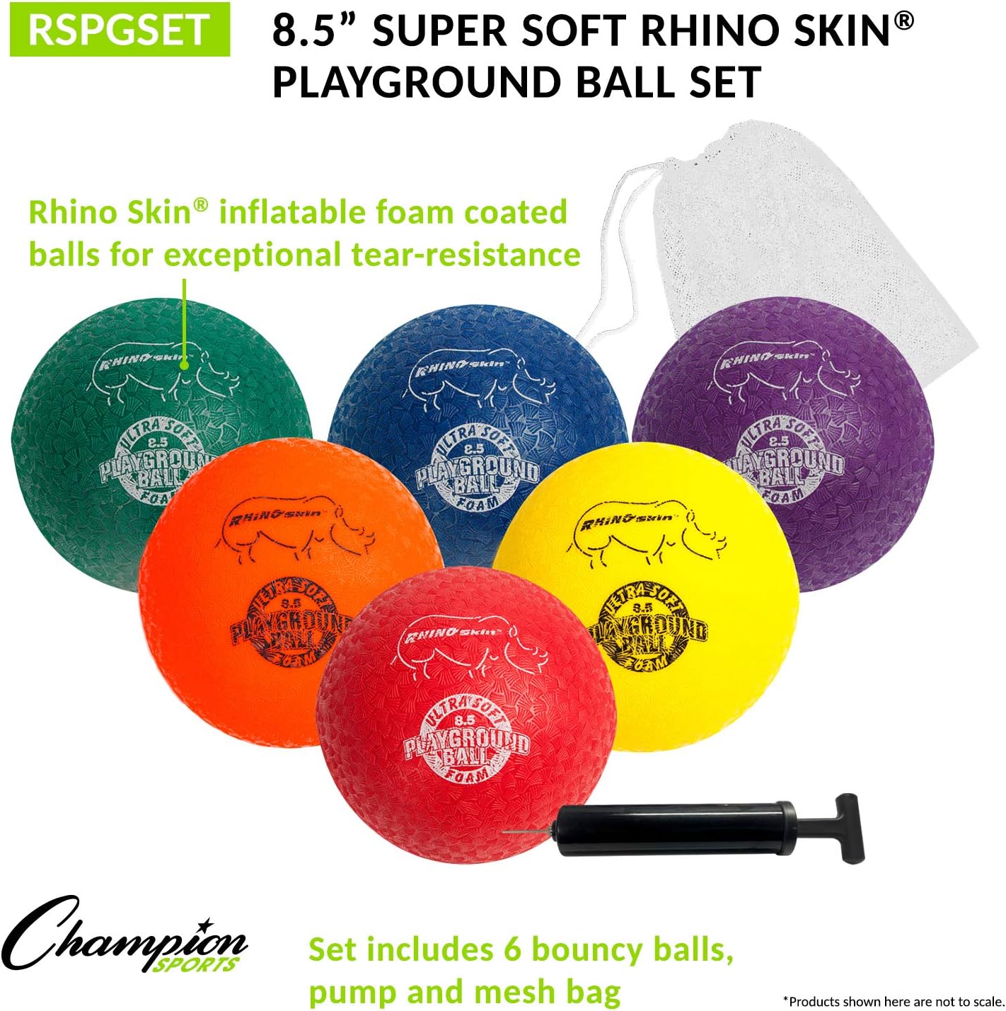 Champion Sports Super Soft Playground Ball Set – Rhino Skin® Foam Inflatable Balls for Indoor & Outdoor Play Durable, Lightweight & Safe for All Ages, Set of 6 with Pump & Mesh Bag