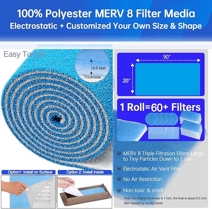 Air Vent Filters,20"x90"Cut to Fit Air Filter Material (80+Filters),MERV 8 Electrostatic Vent Filter for Home Floor Registers,RV,Ceiling,Grilles and Wall HVAC Furnace,With 48PCs Adhesive Hook Tape