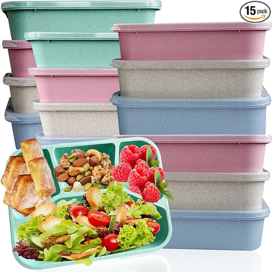 15 PCS Bento Box, 4 Compartment Bento Box Adult Set, Wheat Straw Bento Lunch Box, Reusable Lunch Snack Box, Microwave, Dishwasher and Freezer Safe Meal Prep Containers for Work, School and Travel-FlexoryFit