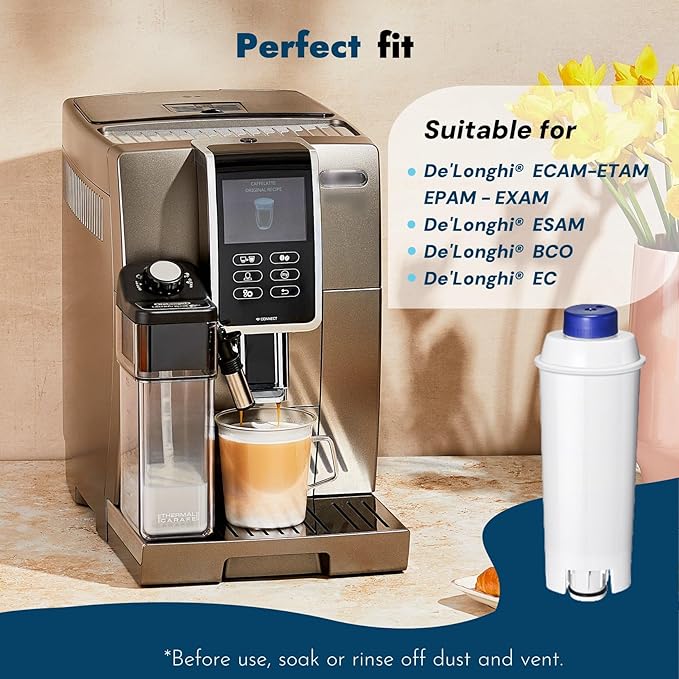 Coffee Machine Fitler, Delonghi Filter Replacement for DeLonghi DLSC002, Delonghi Magnifica Evo, Dinamica Plus, ESAM, ETAM, BCO, EC. Activated Carbon Water Filter Cartridges Softener (4 Pcs)