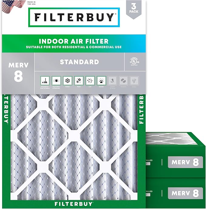 Filterbuy 18x24x4 Air Filter MERV 8 Dust Defense (3-Pack), Pleated HVAC AC Furnace Air Filters Replacement (Actual Size: 17.50 x 23.38 x 3.63 Inches)