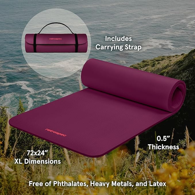Retrospec Solana Yoga Mat 1/2" Thick w/Nylon Strap for Men & Women - Non Slip Exercise Mat for Yoga, Pilates, Stretching, Floor & Fitness Workouts-FlexoryFit