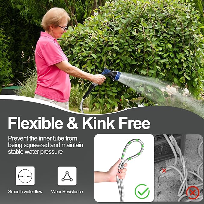 200ft 304 Stainless Steel Garden Hose Metal, Heavy Duty Water Pipe with Nozzles for Yard, Outdoor - Flexible, Never Kink & Tangle, Puncture Resistant (Sliver)