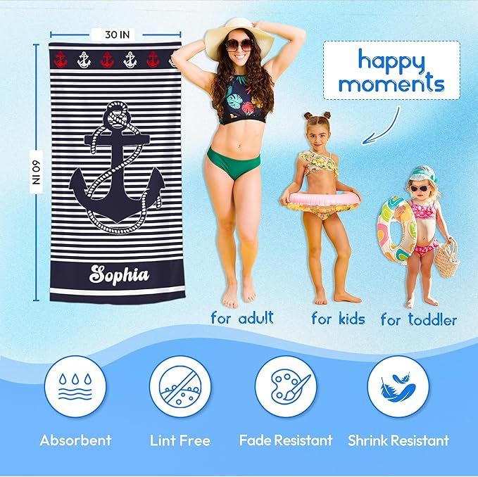 JML Personalized Beach Towel with Name, Custom Anchor Beach Towel, Customized Microfiber Pool Towel, Quick Dry & Absorbent Swim Towel for Adult,Anniversary, Birthday, Summer Holiday,Vacation-FlexoryFit