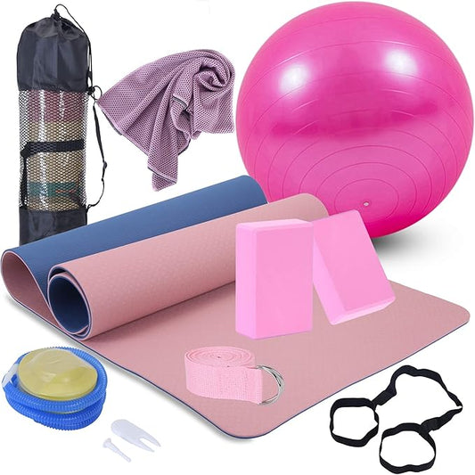 Yoga Starter Kit - 11-Piece Set with Yoga Blocks, Strap, Ball, Mat, Carrying Strap, Net Bag, Cooling Towel-FlexoryFit