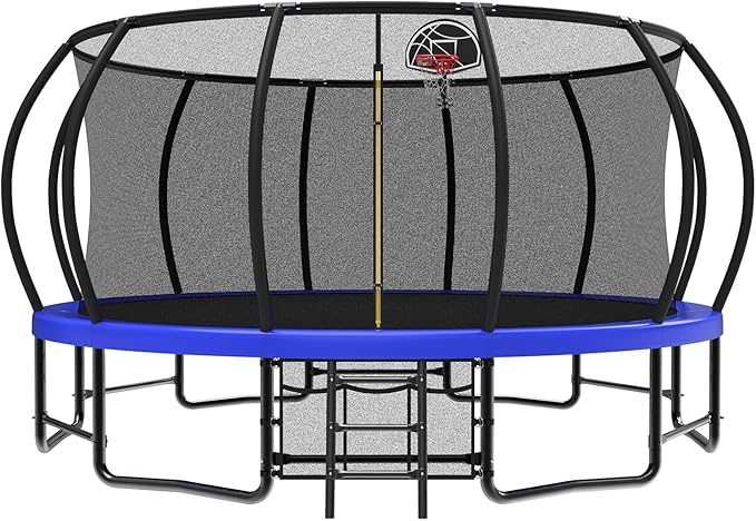 10 12 14 15 16FT Outdoor Trampolines for Kids and Adults, Pumpkin Trampoline with Curved Poles, Recreational Trampoline with Basketball Hoop and Safety Enclosure Net for Kids and Adults-FlexoryFit