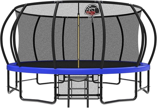 10 12 14 15 16FT Outdoor Trampolines for Kids and Adults, Pumpkin Trampoline with Curved Poles, Recreational Trampoline with Basketball Hoop and Safety Enclosure Net for Kids and Adults-FlexoryFit