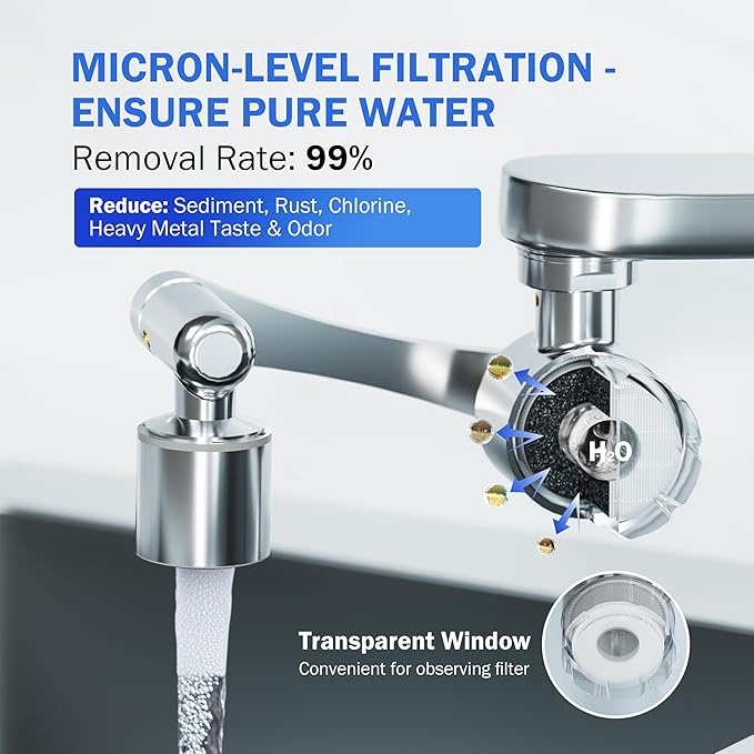 Dreamwills Splash-Proof Sink Faucet Extender With Filter, Reduce 99% Heavy Metal, 1080° Swivel Tap Aerator,2 Modes Spray Attachment, Soften For Bathroom Face Wash, Sensitive Skin(8pcs Extra Filter)